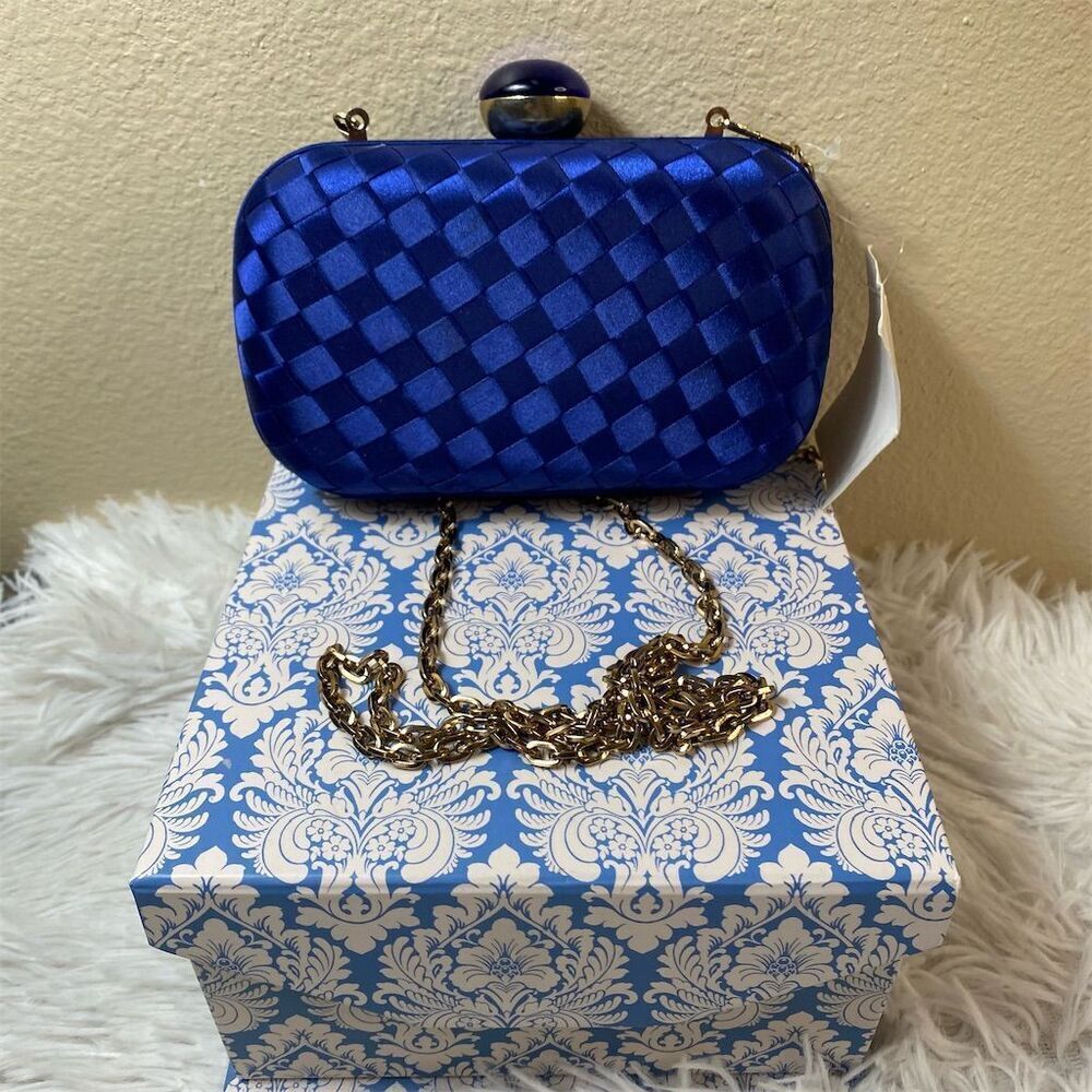 Urban Expressions Blue Woven Clutch Handbag with Gold Chain Strap